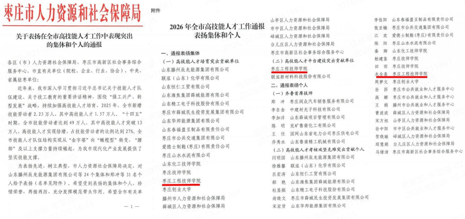 枣庄工程技师学院荣获全市高技能人才工作两项集体荣誉