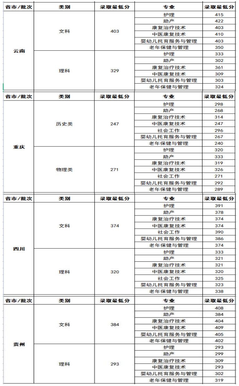 2024重庆护理职业学院录取分数线（含2022-2023历年）